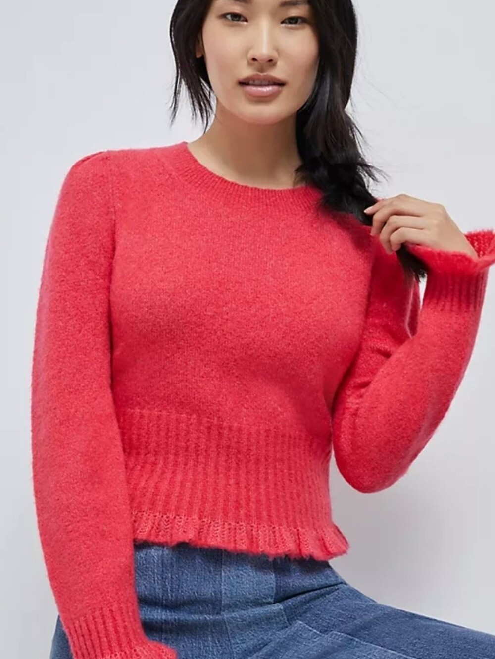 Anthropologie Bright Red Puff-Sleeve Crewneck Sweater